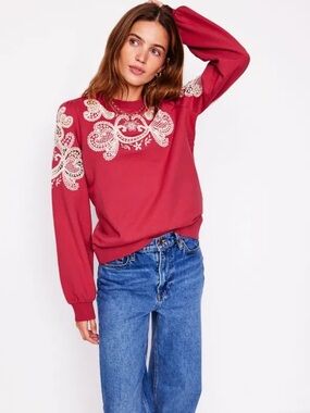 Boden Raspberry Crewneck puff sleeve cutwork Sweatshirt M